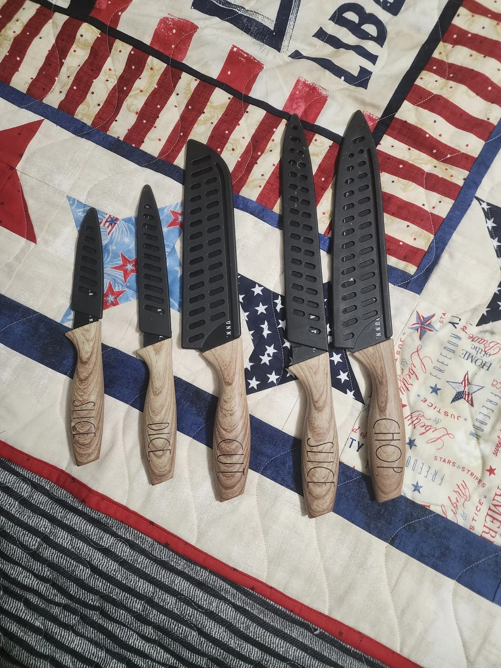 Rae Dunn 6-Piece Knife Set with Black Blades and Wood-Grain Handles